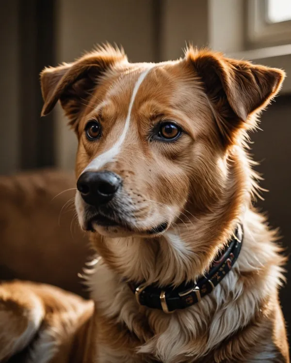 A close-up photograph of a brown and white dog with a focused and calm expression, captured indoors with soft natural li