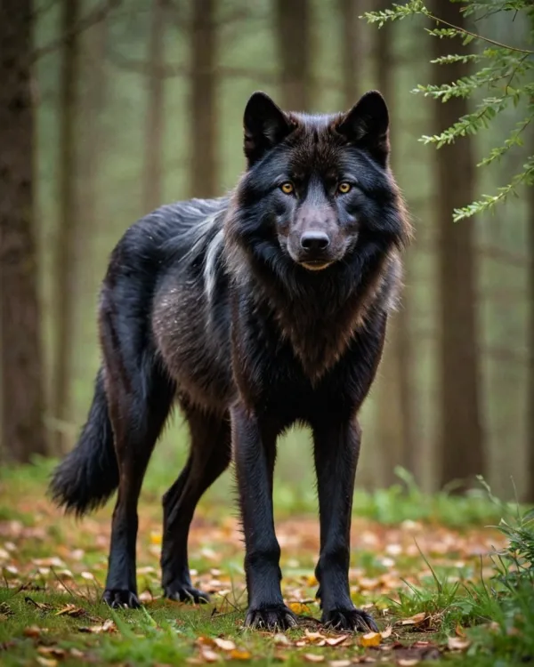 A realistic photograph of a black wolf standing in a forest with a blurred background of tall trees, displaying natural