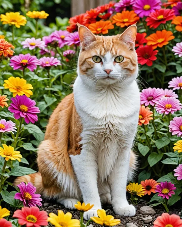 A well-composed photograph features a ginger and white cat sitting amidst a vibrant garden of multicolored flowers inclu