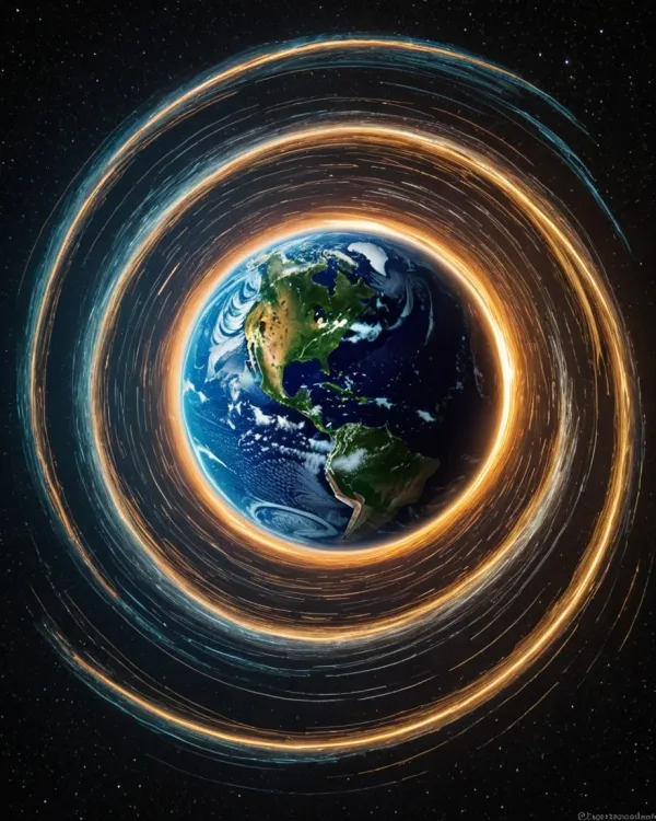 The image depicts Earth centered in space with glowing, swirling rings of light encircling it, creating a dynamic and en