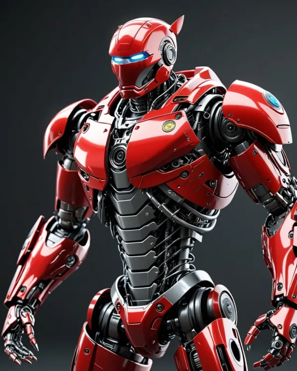 A high-resolution digital depiction of a humanoid robot features a sleek, futuristic design with glossy red armor platin