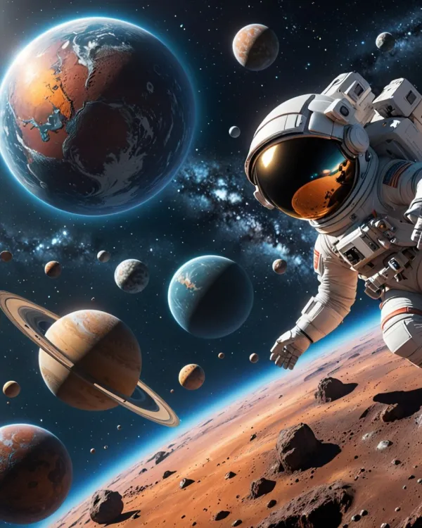 The image features an astronaut floating in outer space near a rocky planet or moon surface with multiple planets and ce