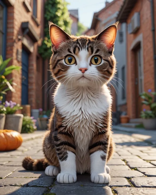 The image features an adorable, realistic tabby cat sitting on a cobblestone street in what appears to be a quaint villa