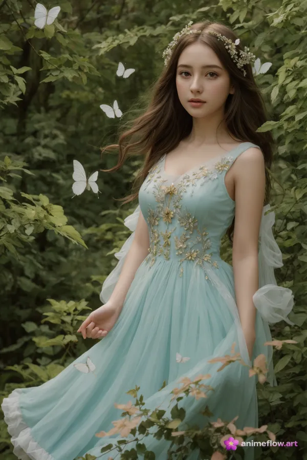 A young woman stands gracefully amidst lush greenery, wearing a flowing, pastel blue dress adorned with delicate floral