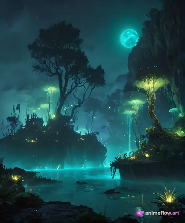Serene Bioluminescent Night