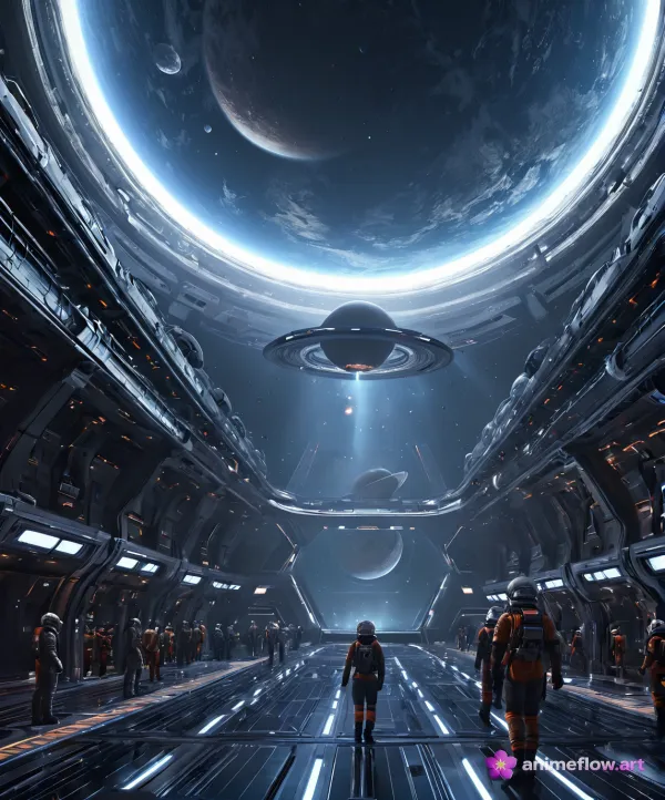 A futuristic space station interior filled with astronauts showcases a grand, illuminated observation window framing a m