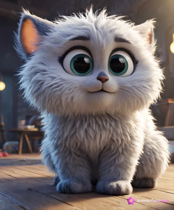 A 3D-rendered, highly stylized white fluffy cat with exaggeratedly large teal eyes and soft detailed fur is depicted sit