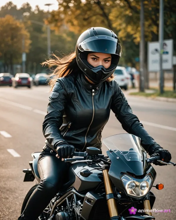 The image depicts a woman riding a black motorcycle on a city street, with autumn-colored trees and blurred cars in the
