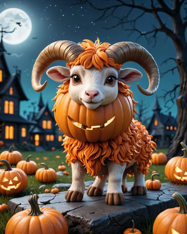 A whimsical Halloween-themed 3D-rendered image features a charming ram with large curved horns and bright eyes wearing a