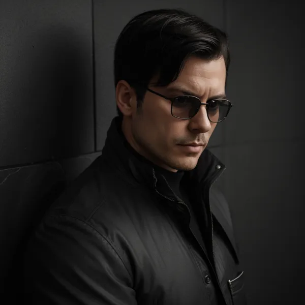 A close-up portrait photograph of a man with dark hair, wearing dark-rimmed glasses and a black jacket, set against a di