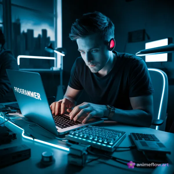 A focused young man is seated at a desk typing on a laptop labeled "PROGRAMMER" in a dimly lit room with neon blue light