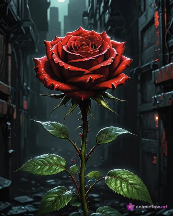 A single, vividly detailed red rose stands prominently in the foreground against a dark, dystopian urban alleyway