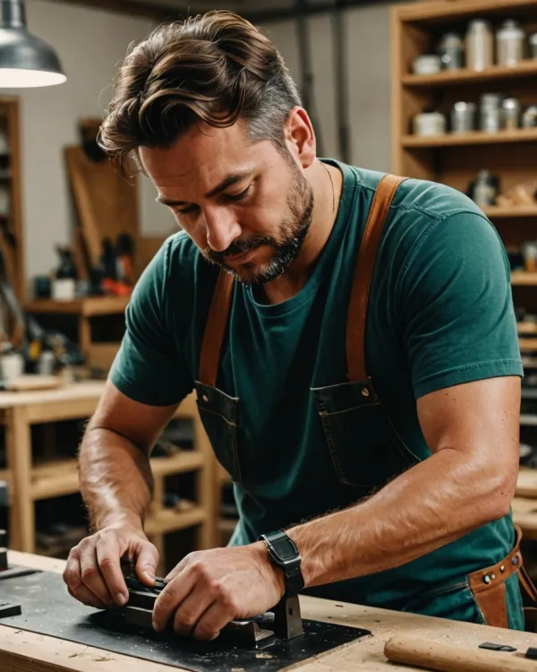 A focused man working in a woodworking shop is captured in a realistic photographic style. The mood is concentrated and