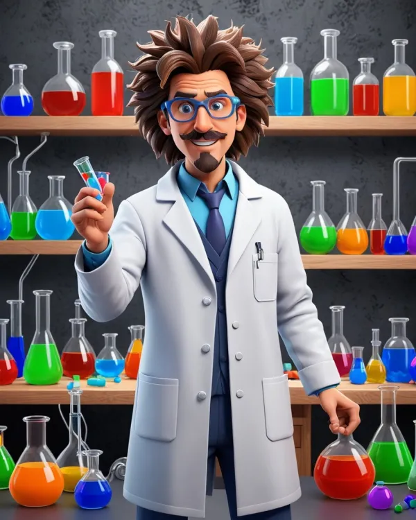 A stylized, animated character of a scientist with wild hair and glasses stands confidently in a laboratory filled with
