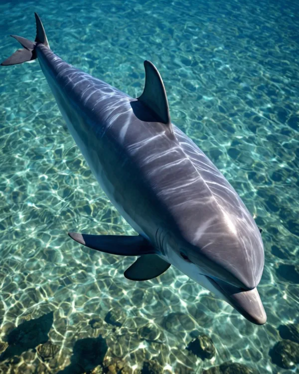 The image shows a dolphin swimming underwater in clear, shallow water with sunlight creating patterns on its back and th