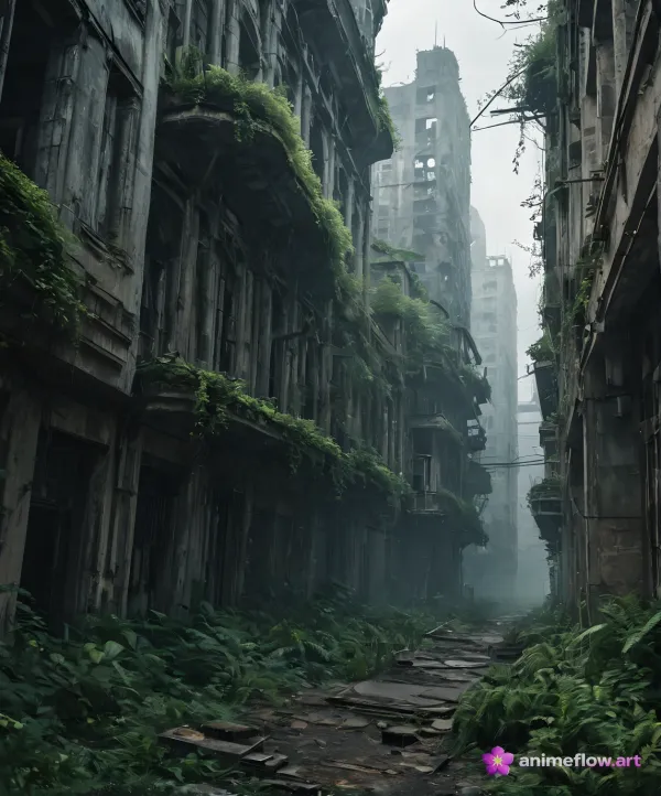 Desolate Abandoned Overgrown Cityscape