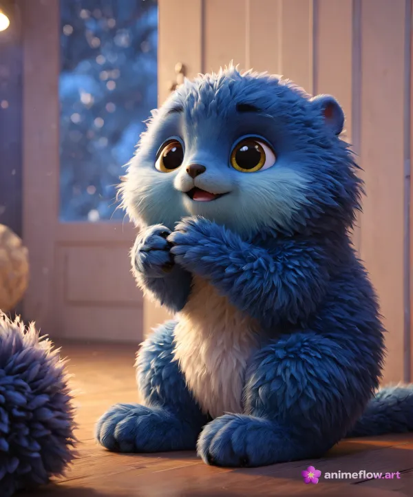 The image depicts an adorable, fluffy, blue creature with large expressive eyes and a soft white belly sitting on the fl