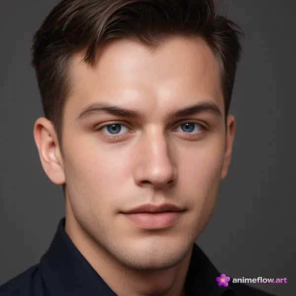 A high-quality, close-up portrait of a young man with blue eyes and brown hair, set against a plain grey background. The