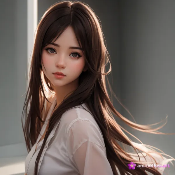 The image features a highly detailed digital portrait of a young woman with long, flowing dark brown hair and expressive