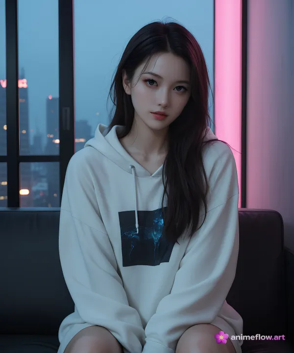 A young woman with long dark hair is seated on a black sofa in an indoor setting with a large window behind her showing