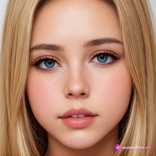 A hyper-realistic close-up portrait of a young woman with blue eyes and blonde hair, rendered in a highly detailed style