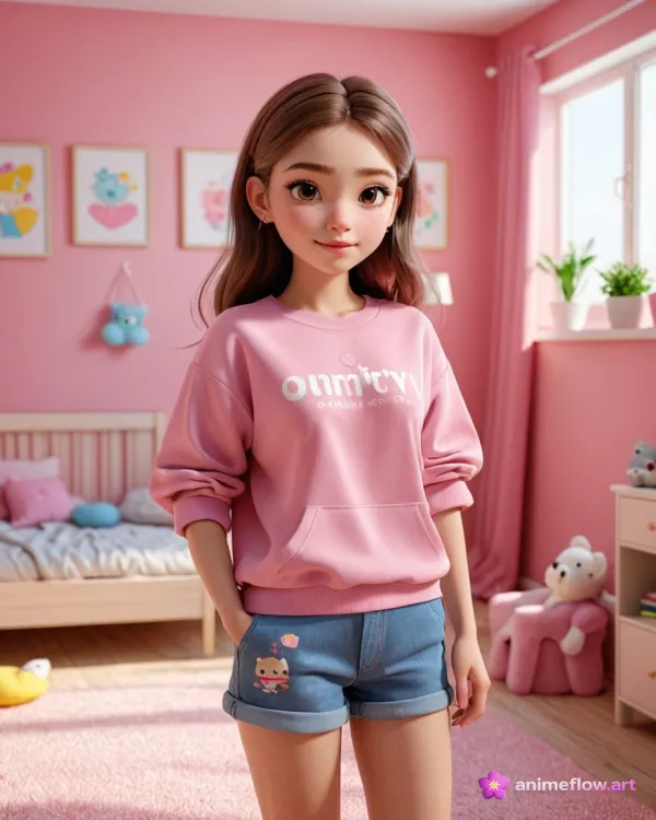 A digitally rendered image featuring a young female character standing in a pastel-themed bedroom
