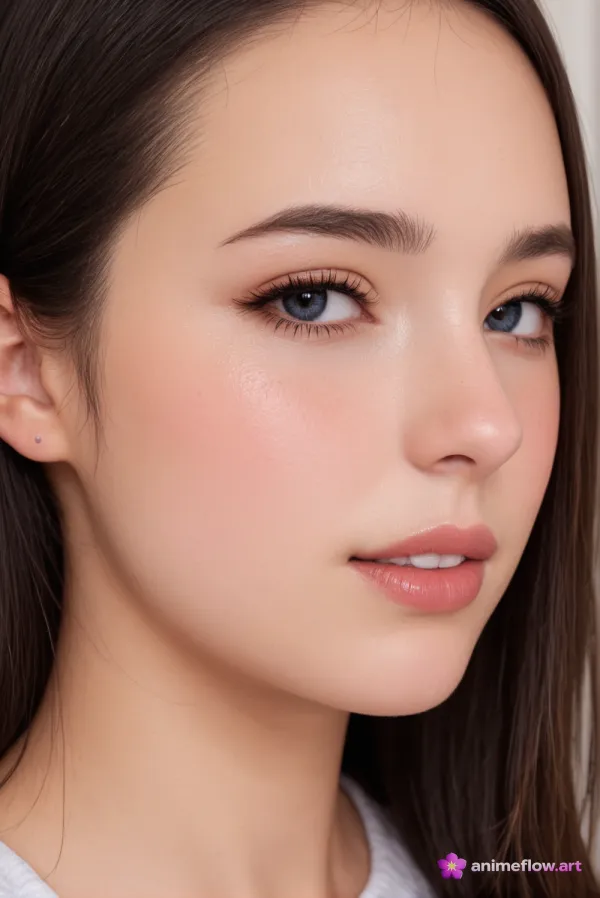 A close-up portrait of a young woman showcasing smooth, flawless skin and blue eyes with subtle makeup in natural tones