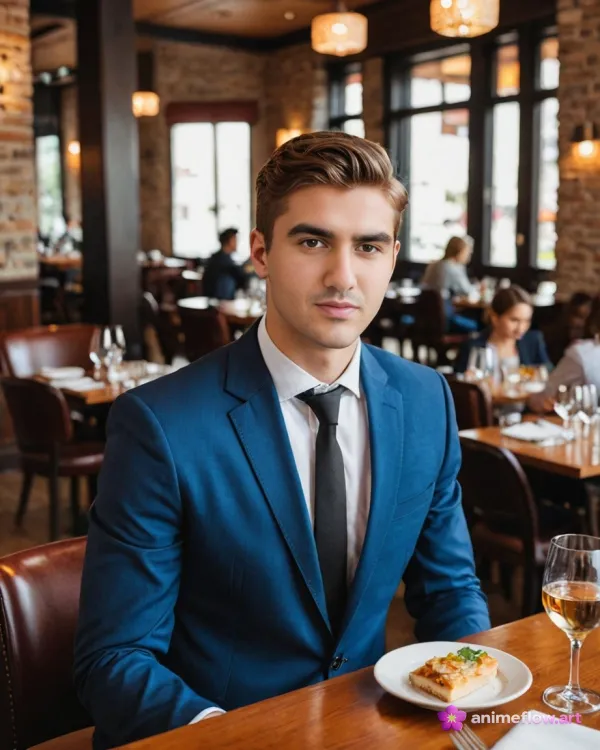 A young man dressed in a blue suit, white shirt, and black tie sits at a wooden table in a warmly lit, rustic-style rest