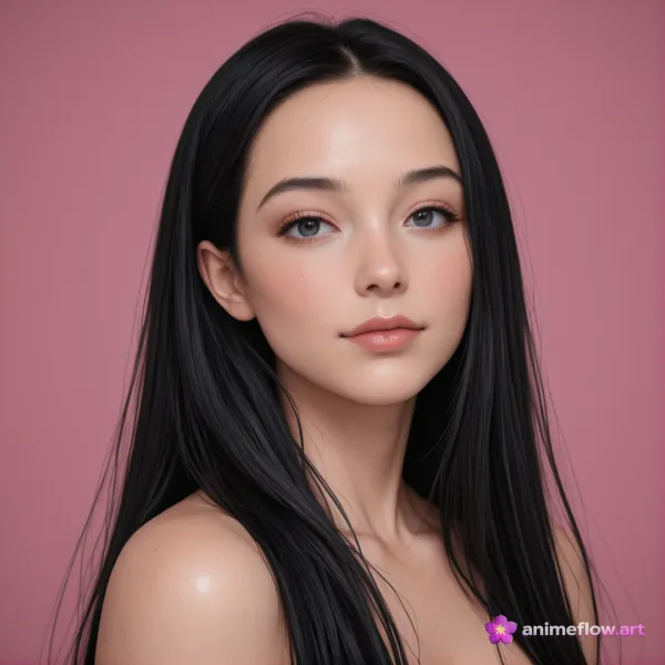 A highly detailed digital portrait of a young woman with long, straight black hair set against a solid muted pink backgr