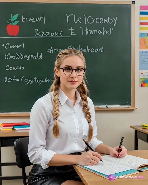 The image depicts a young woman seated in a classroom, engaged in writing on a notebook with a pen while holding another