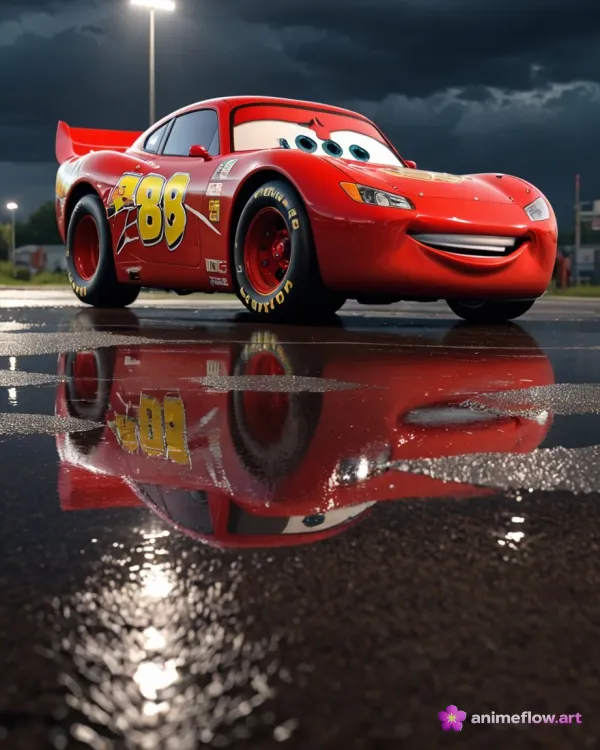 The image features a red, anthropomorphic race car with large expressive eyes on the windshield and a wide smile, standi