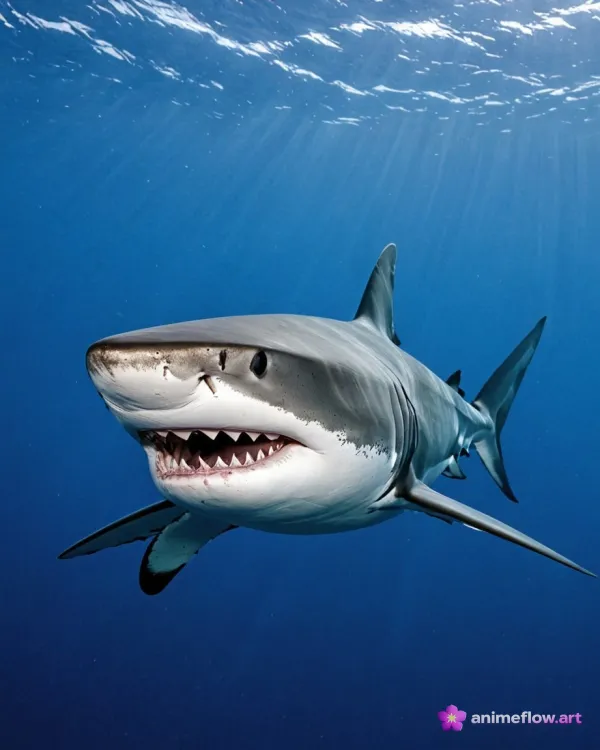 The image depicts a great white shark swimming underwater in a clear ocean environment. The photograph captures the shar
