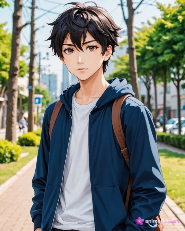 The image features a young male character rendered in a realistic anime style, standing on a tree-lined urban sidewalk d