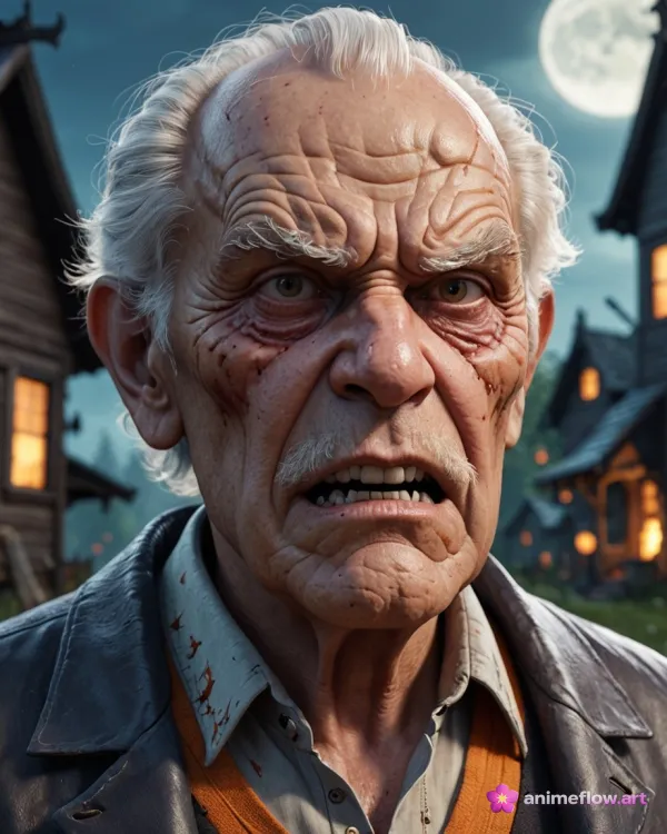 A hyper-realistic close-up portrait of an elderly man with a deeply wrinkled and detailed face, expressing anger or frus