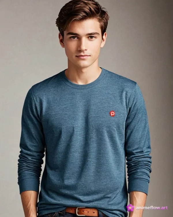 A well-lit portrait of a young man with brown hair and fair skin, standing against a neutral gray background. He wears a