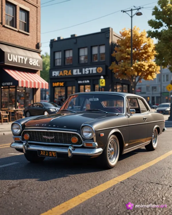 A vintage black Opel Rekord car is parked on a sunlit city street with buildings and autumn trees in the background, sho
