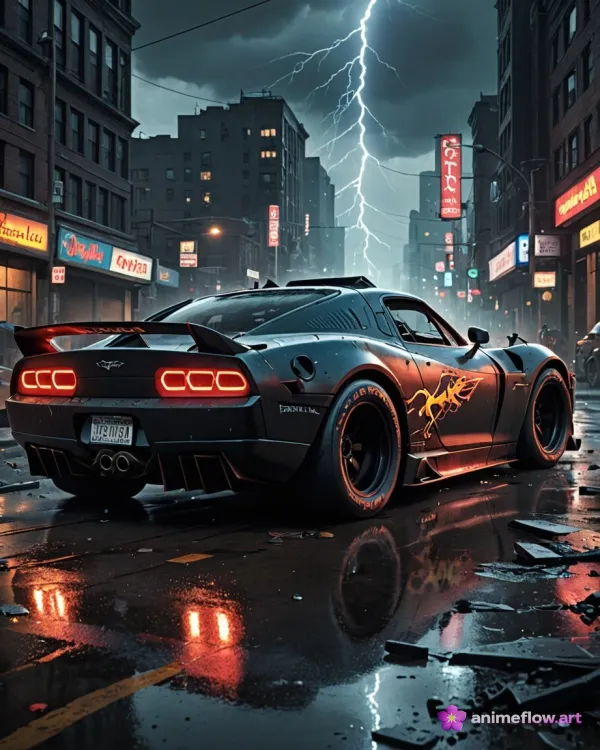 A sleek, black sports car with a stylized horse graphic on its side is parked on a wet, reflective city street at night