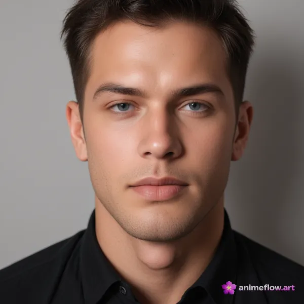 A close-up portrait of a young man with light skin, blue eyes, and dark brown hair, looking directly at the camera again
