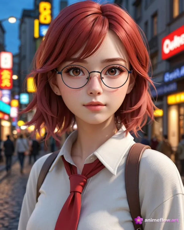 A digitally rendered portrait of a young woman with short, wavy red hair and large brown eyes behind thin round glasses,