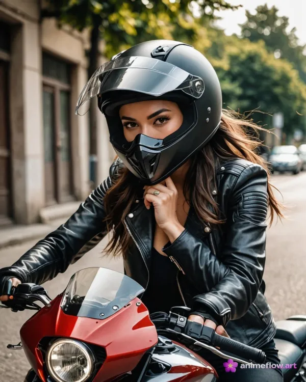A woman wearing a sleek black motorcycle helmet and a black leather jacket is seated on a red motorcycle on an urban str
