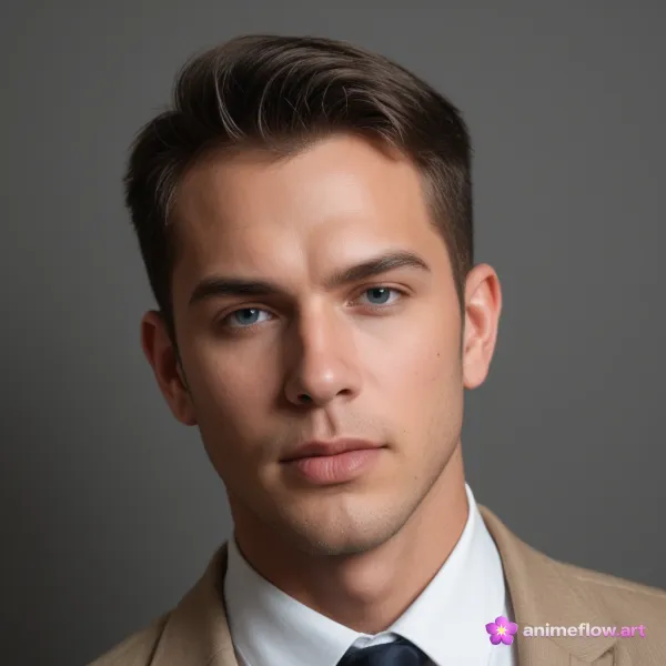 A close-up portrait of a young man with neatly styled brown hair, blue eyes, and a serious expression, set against a pla