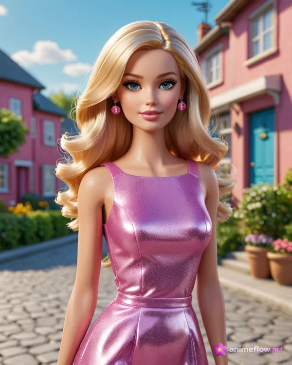 A digitally rendered portrait of a stylized young woman standing on a cobblestone street lined with colorful houses, fea