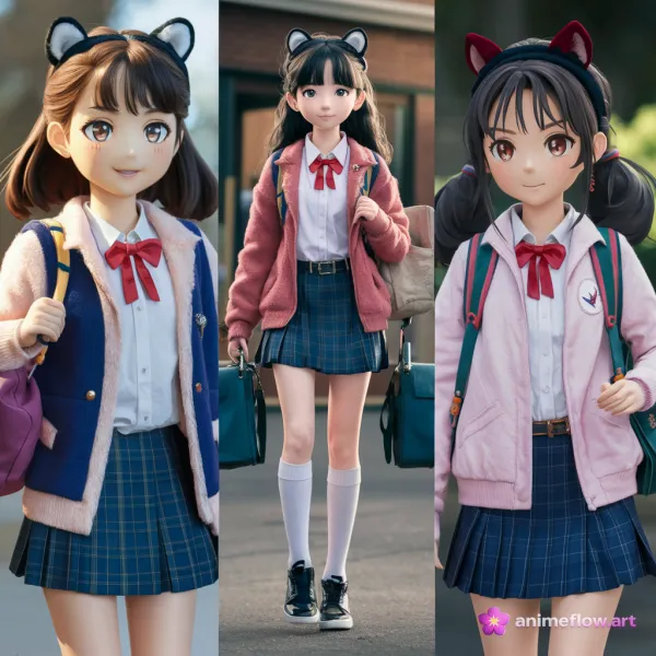 This image features three stylized 3D anime girls dressed in school uniforms with plaid skirts, white shirts, and red bo