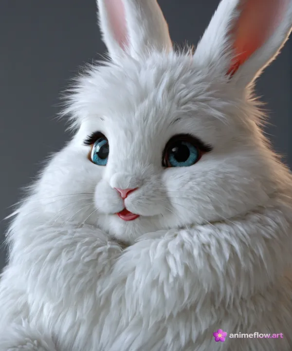 A highly detailed digital rendering of a white, fluffy rabbit with large blue eyes and delicate pink inner ears occupies