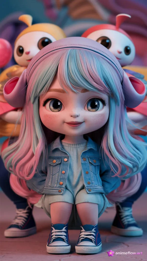 This image features a highly stylized, animated character with large, expressive eyes, pastel-colored hair, and a cheerf