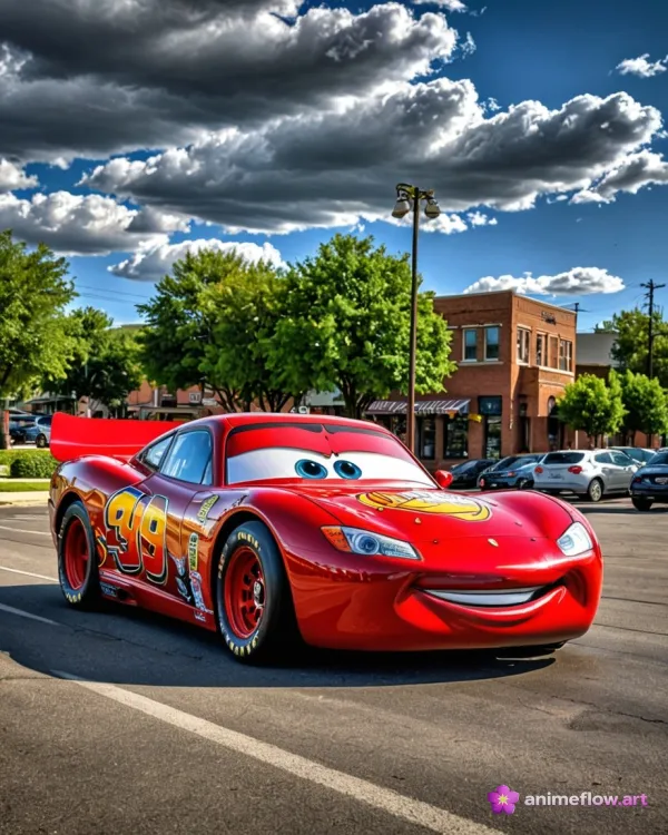 The image features a realistic depiction of a red animated race car character, resembling Lightning McQueen from the Car
