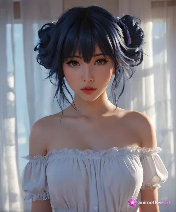 The image features a digitally rendered young woman with dark blue hair styled in two buns and soft makeup, set against