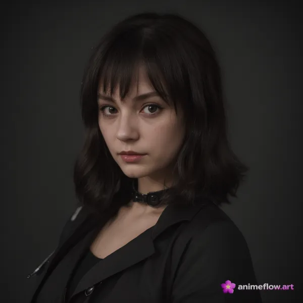 The image is a realistic portrait of a young woman with shoulder-length dark hair and bangs, wearing a black outfit and
