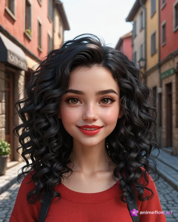 A digitally created portrait of a young woman with voluminous curly black hair and a warm smile, standing in a narrow co