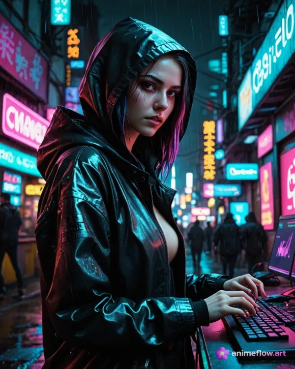 A young woman in a glossy black hooded jacket stands in a neon-lit urban street at night, typing on a keyboard placed on